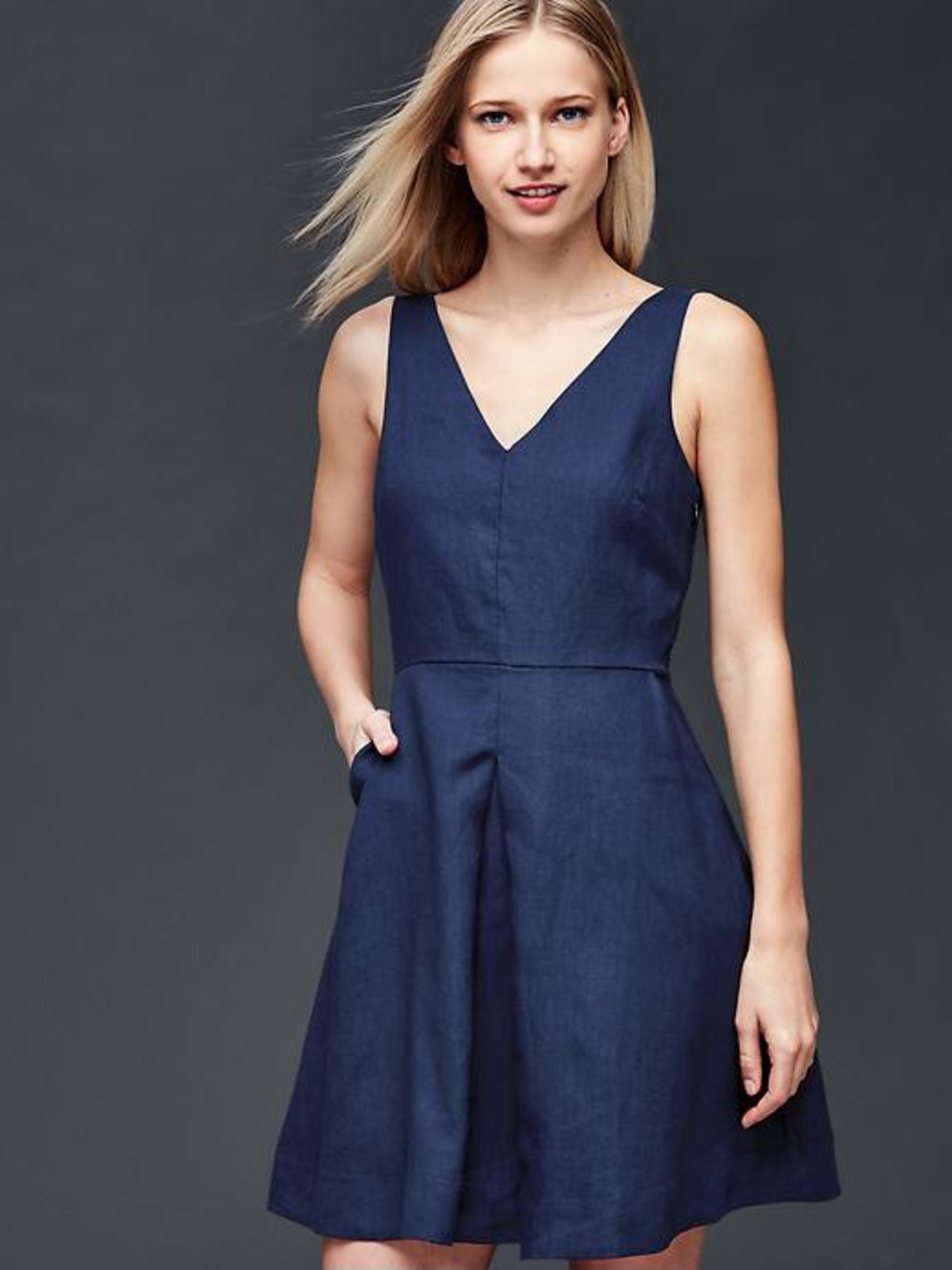 Navy Blue Linen Sleeveless Fit & Flare Knee Dress - Small